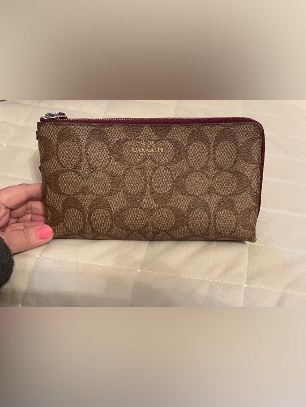 COACH Double Zipper Long Wallet with Burgundy Trim